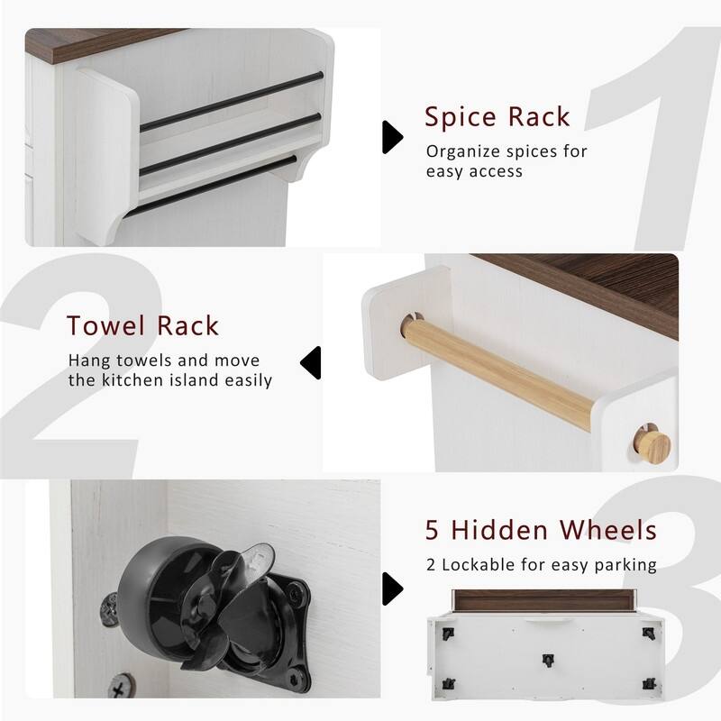 Farmhouse 53.2" Kitchen Island with Power Outlet, Rolling Island Table, Bar Cabinet with Storage 4 Door Shelves and 3 Drawers