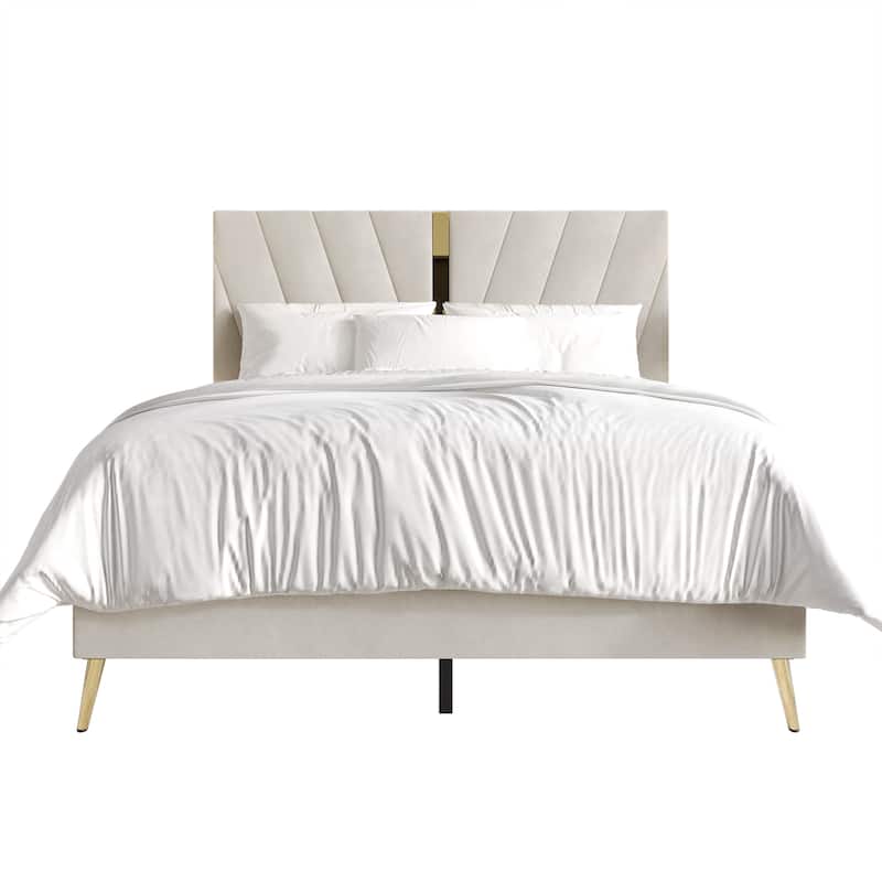 CraftPorch Luxurious Velvet Upholstered Bed - King - Beige