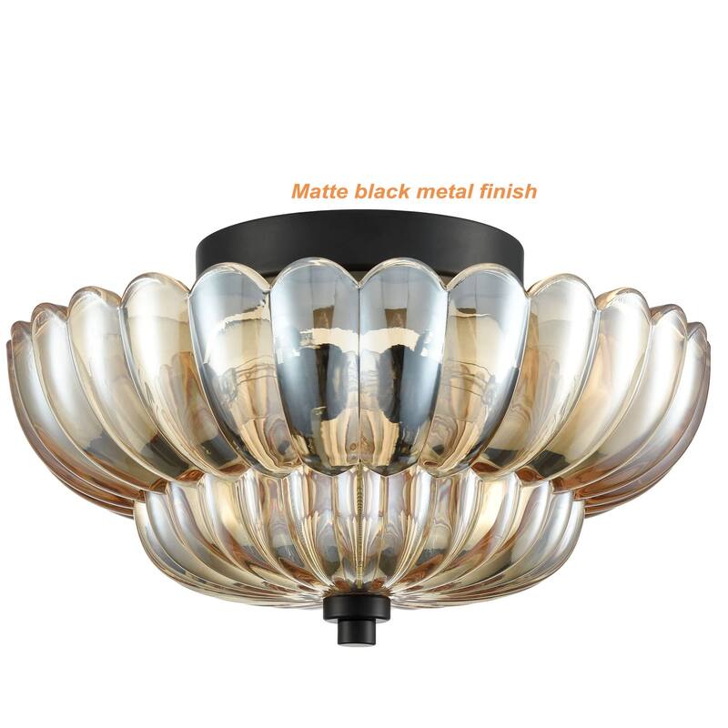 Roscana Modern Black Metal with Scalloped Glass Shade Semi Flush Mount 3-Lights