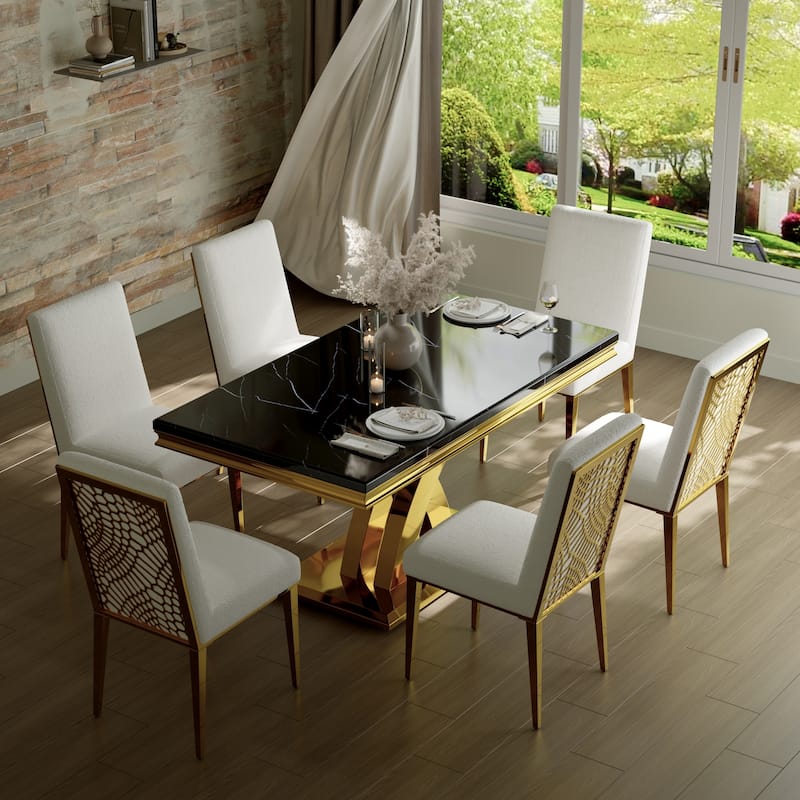 65 inch Faux Marble Dining Table Set with Boucle Dining Chairs