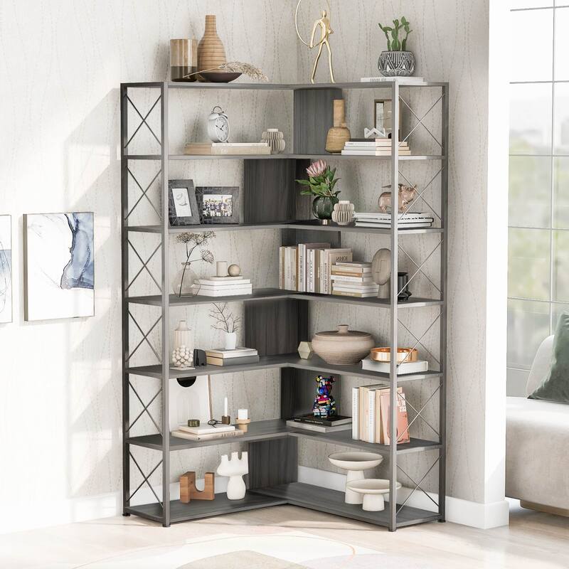 7-Tier L-Shaped Corner Bookshelf with Metal Frame and Open Storage
