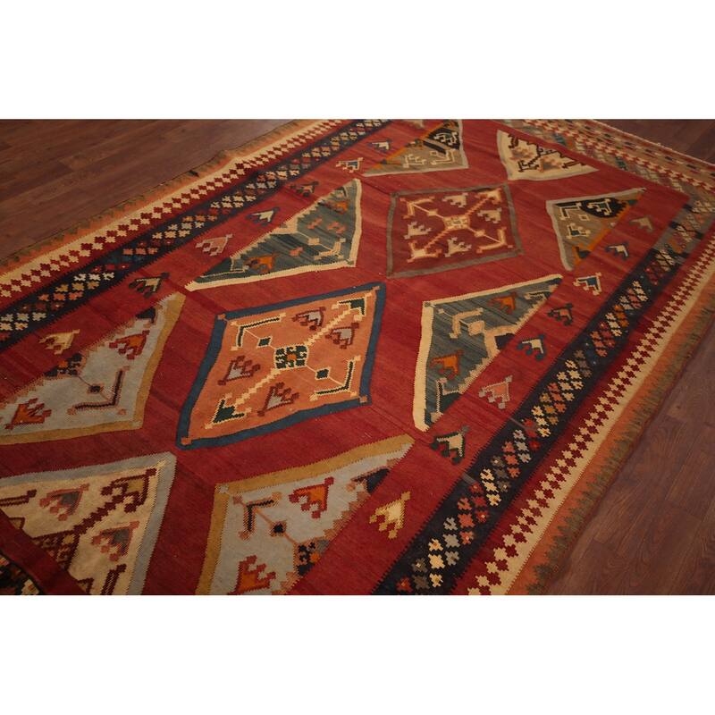 Kilim Qashqai Persian Vegetable Dye Vintage Flatweave Wool Carpet - 5'4" X 9'6"
