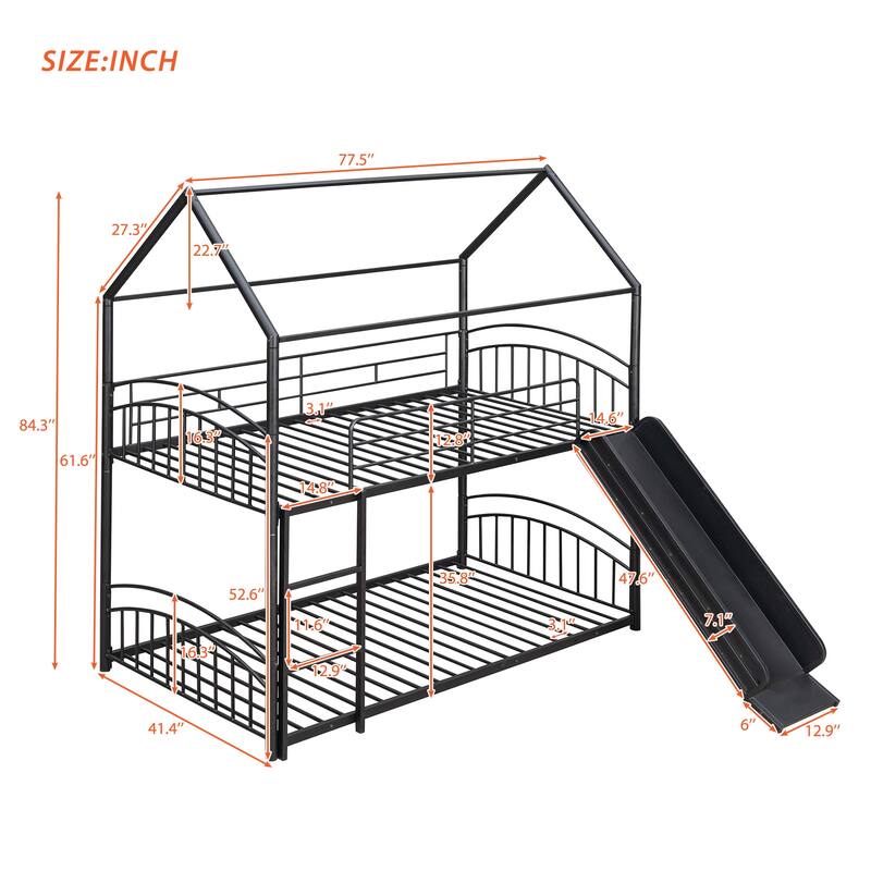 Twin Over Twin Metal Bunk Bed With Slide, Kids House Bed Metal Platform Bed Frame Divided into 2 Beds for Kids Teens Bedroom