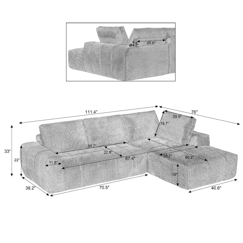 111.4" L-Shaped Mnimalist Faux Fur Sectional Oversized Sofa for Living Spaces