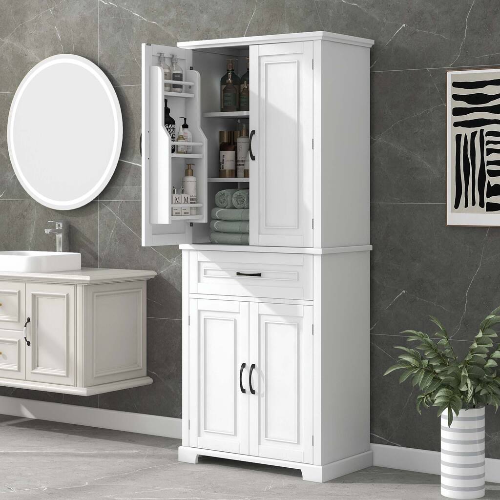 Tall Bathroom Storage Cabinet with Drawers and Adjustable Shelf