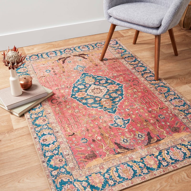 Alexander Home Dhanya Boho Medallion Vintage Area Rug - 2'-0" x 5'-0" - blush / blue - Runner/Rectangle