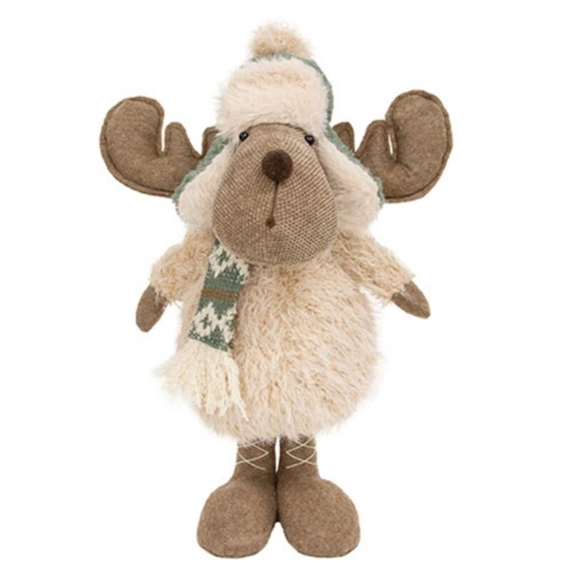 Standing Nordic Reindeer with Teal Trapper Hat and Scarf - 15.75" H x 7.5" W - Brown-Off-White