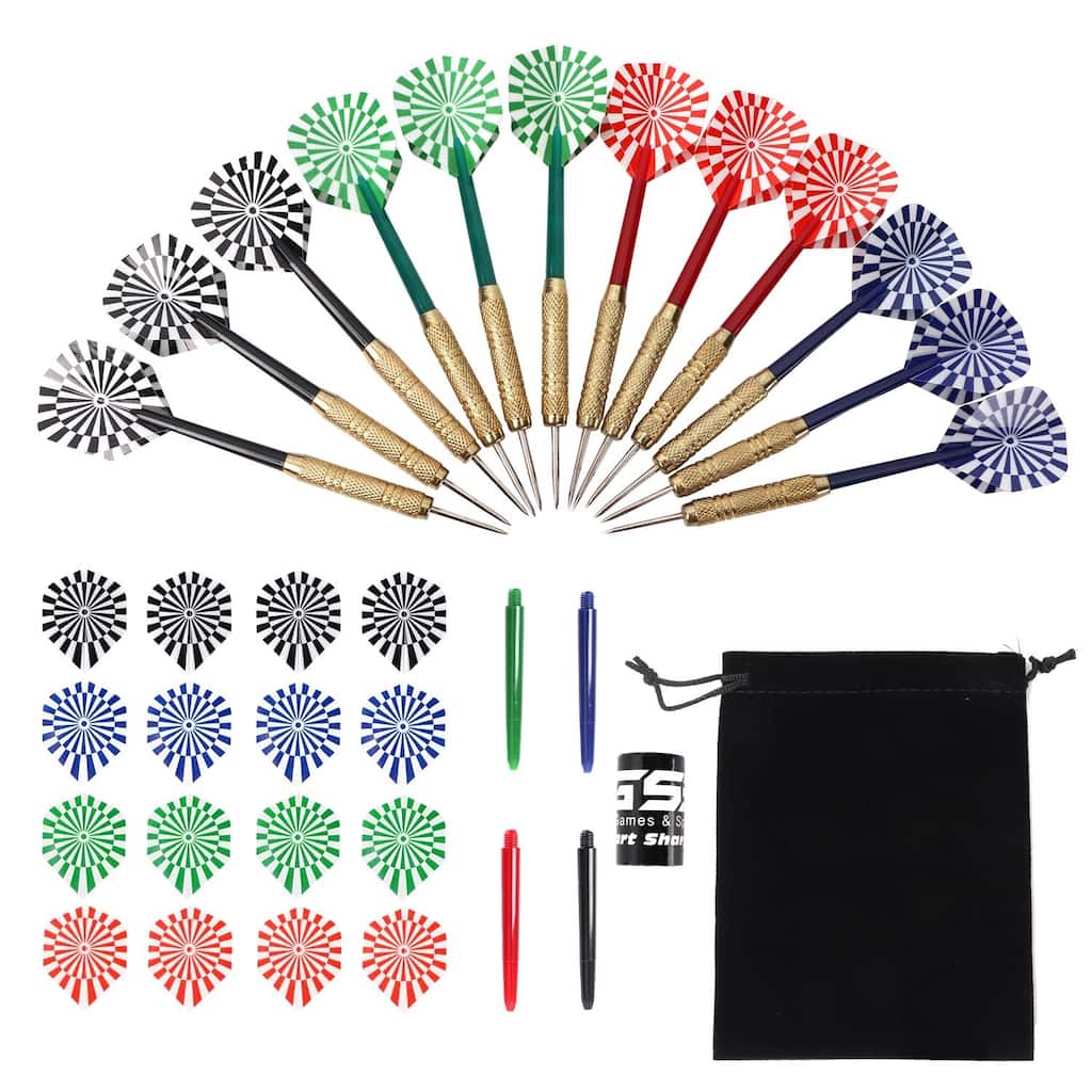 GSE™ 12-Pack 18 Grams Steel Tip Darts for Dartboard with Extra Flights, Dart Sharpener & Storage Bag - Gold