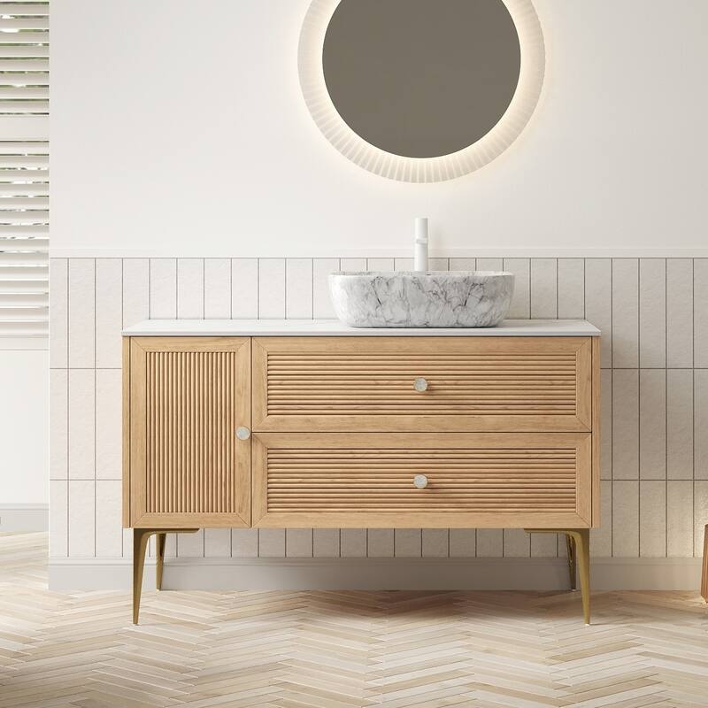 Freestanding Bathroom Vanity with Rectangular Ceramic Basin - 48 - Oak+Stone White