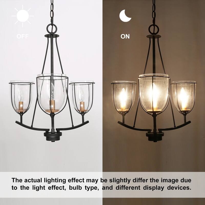 Modern Farmhouse 3-Light Glass Chandelier Black Metal Frame Entryway Hanging Lights - D19" x H82"