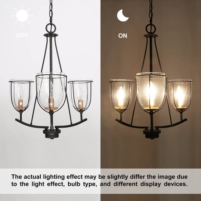 Modern Farmhouse 3-Light Glass Chandelier Black Metal Frame Entryway Hanging Lights - D19" x H82"