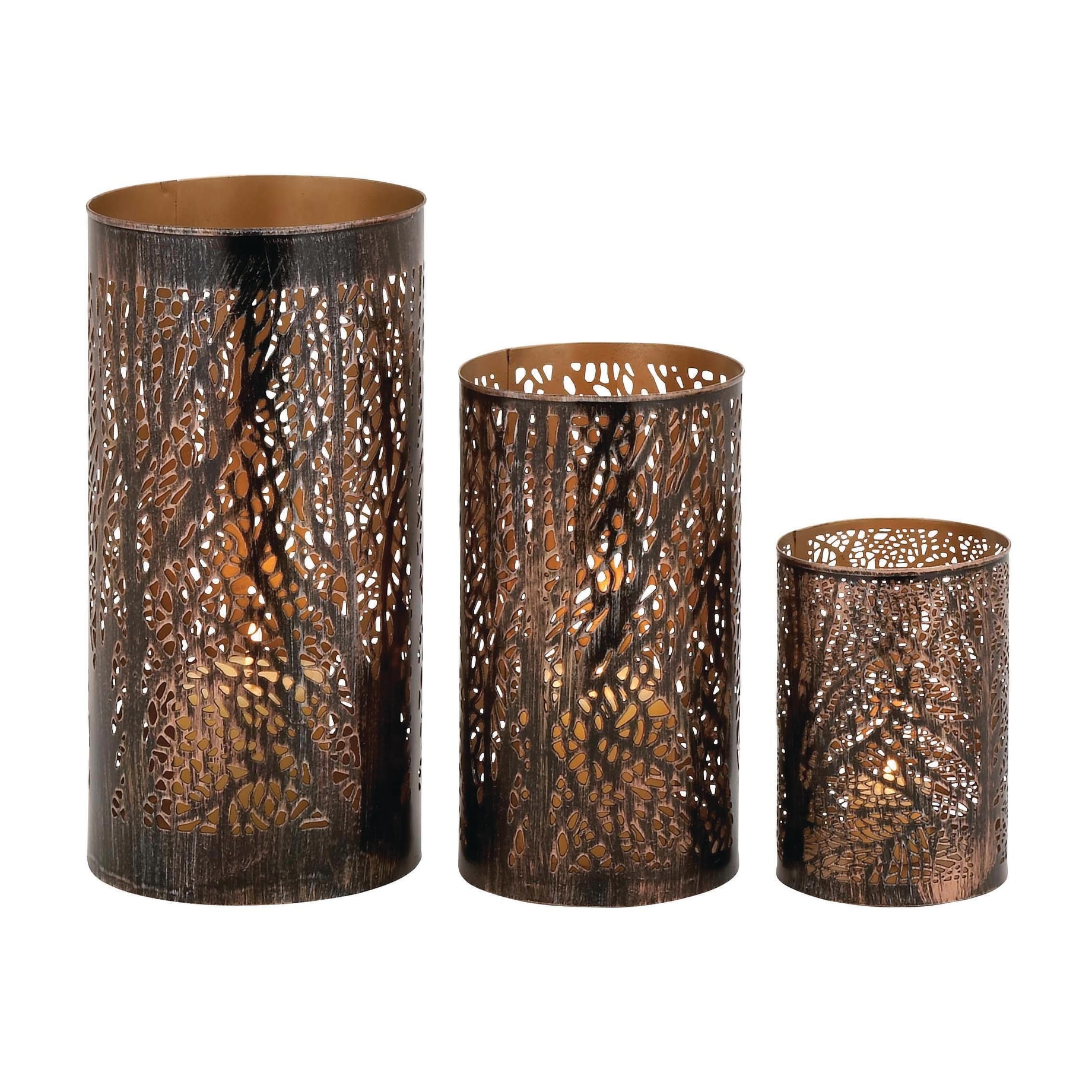 Roche River Decor - Metal Tree Cutout Decorative Candle Lantern with Gold Interior - Set of 3 Bronze or Gold
