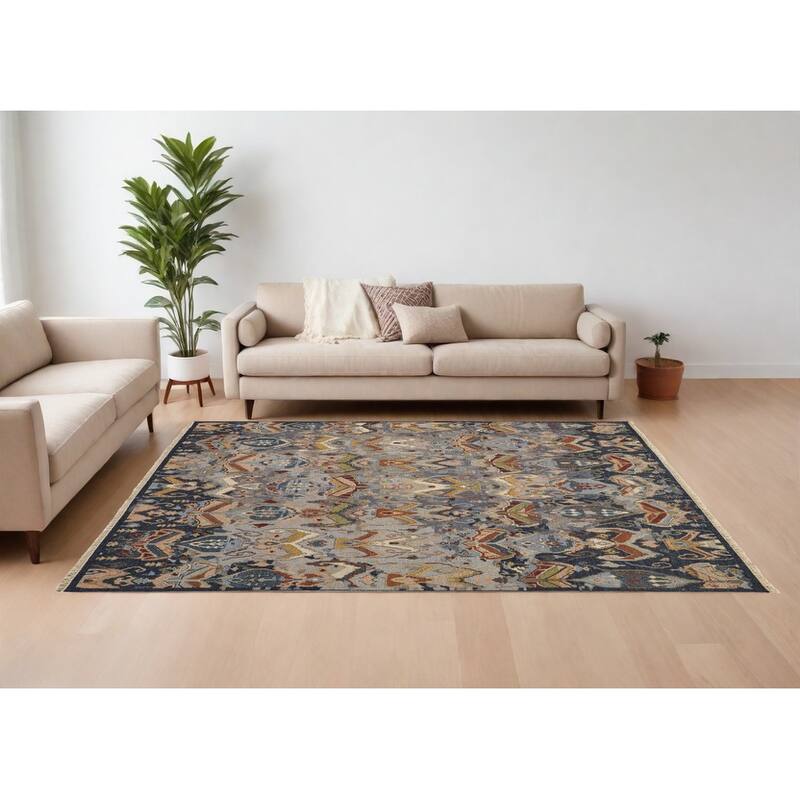 HomeRootsIkat Bohemian Rectangle Area Rug - 162' X '114' X '0.2 - Blue/Brown/Gray