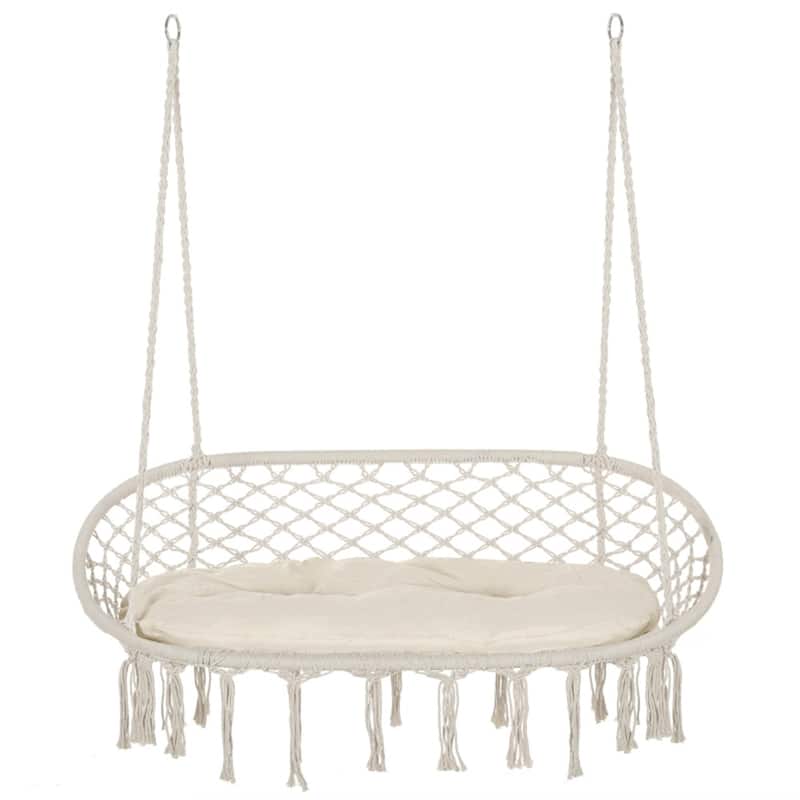 2 Person Hammock Hanging Seat Swing Chair with Macrame Net Design and Cushion for Patio or Balcony