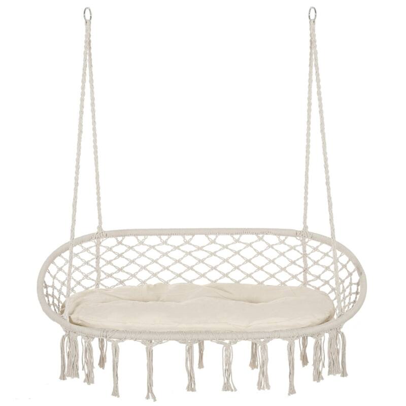 2 Person Hammock Hanging Seat Swing Chair with Macrame Net Design and Cushion for Patio or Balcony