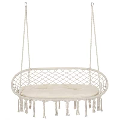 2 Person Hammock Hanging Seat Swing Chair with Macrame Net Design and Cushion for Patio or Balcony