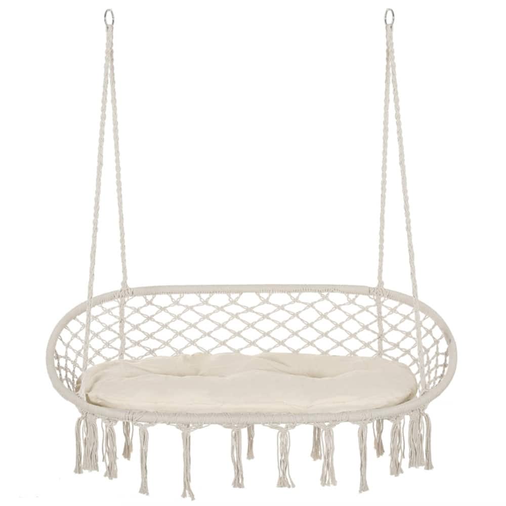 2 Person Hammock Hanging Seat Swing Chair with Macrame Net Design and Cushion for Patio or Balcony