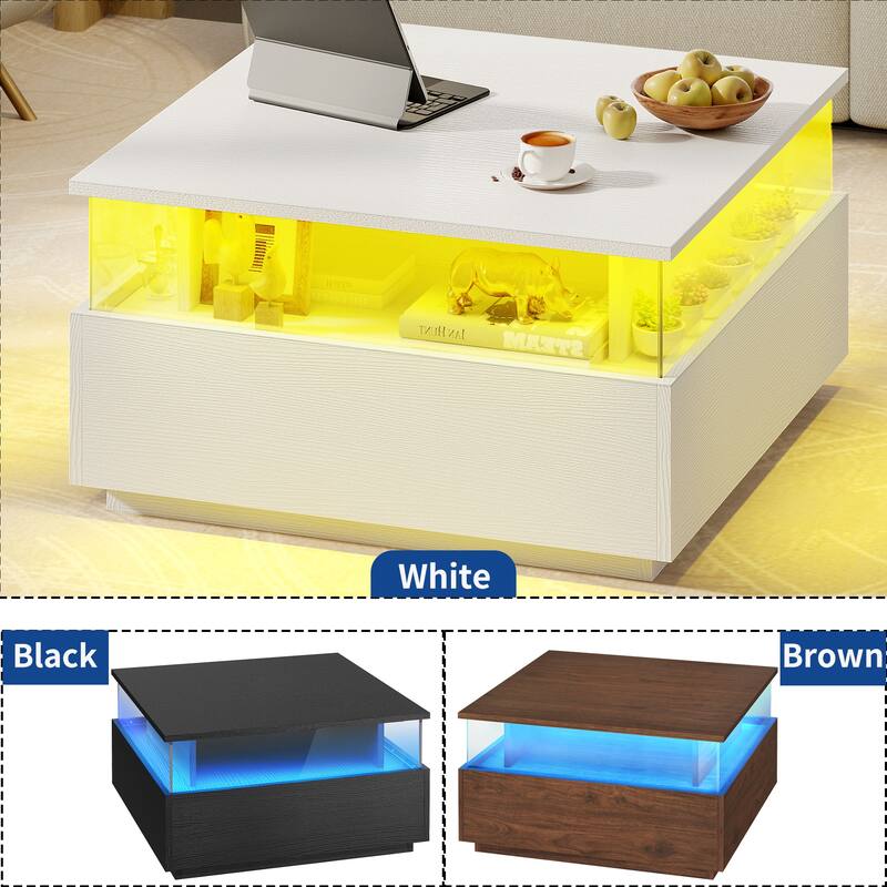 Moasis LED Square Coffee Table with Acrylic Drawers, Wood Center Table for Living Room
