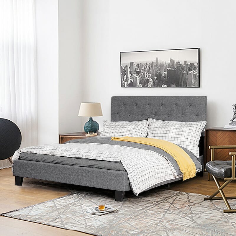 Gymax Full Size Upholstered Panel Bed W/Linen Panel Headboard