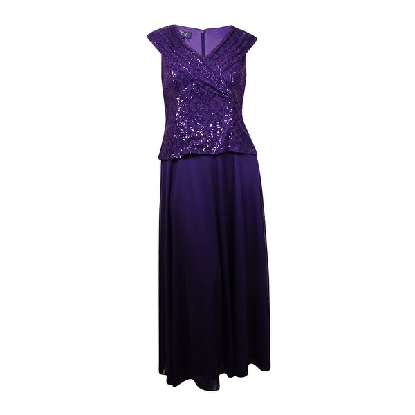 Patra Women's Sleeveless Sequin Lace Popover V-Neck Chiffon Dress - Plum