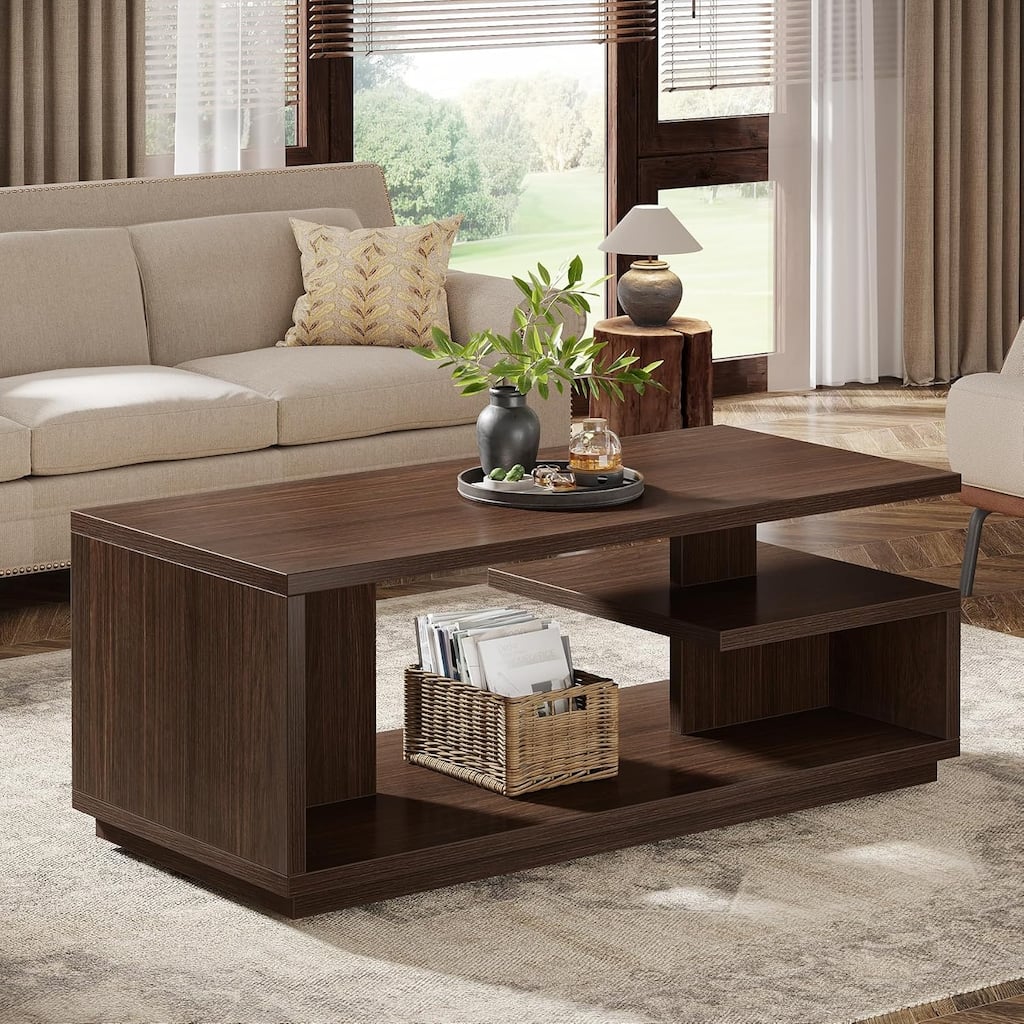 Mid-Century Modern Center Table, 3-Tier Rectangle Wooden Tea Table