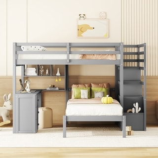 Full Over Twin Bunk Bed Frame with Drawers & Shelves, Desk, Gray