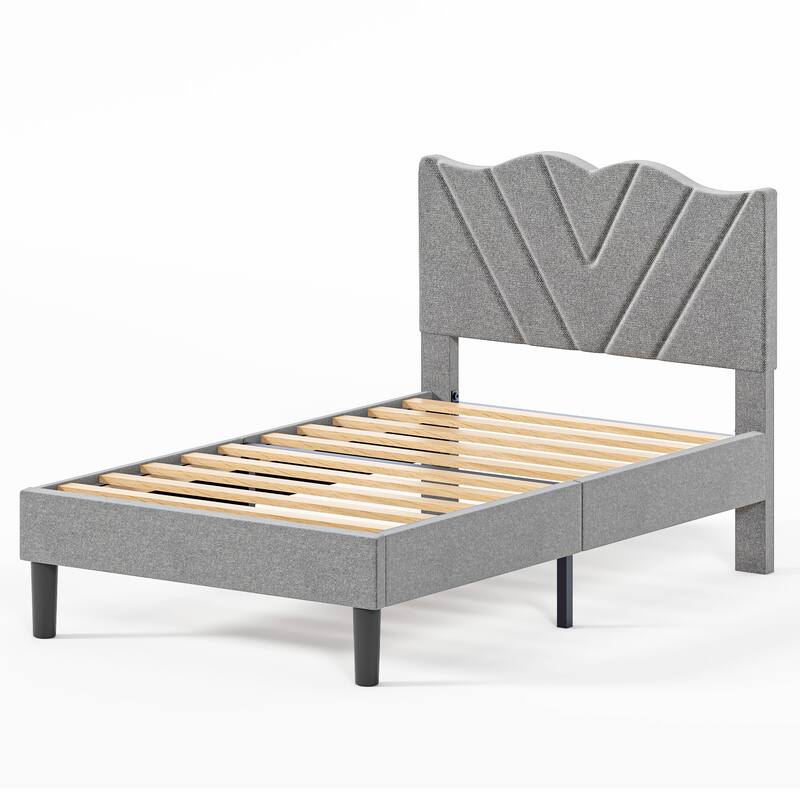 Upholstered Platform Bed, Full Size, Grey with Padded Headboard & Heavy-Duty Metal Frame