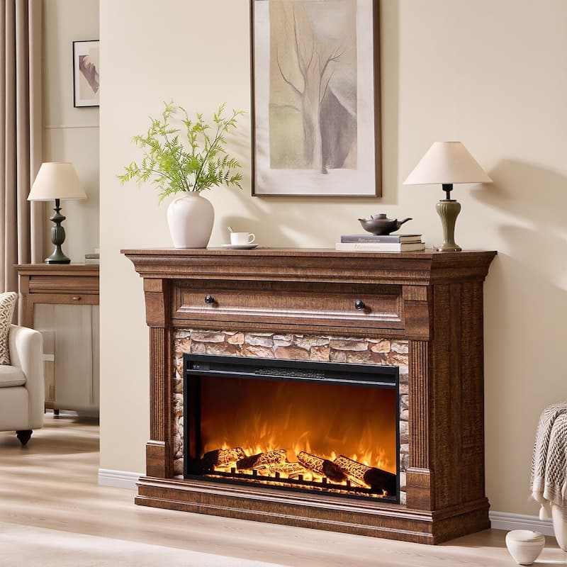 52" Farmhouse Electric Fireplace TV Stand, Wood Entertainment Center - Brown