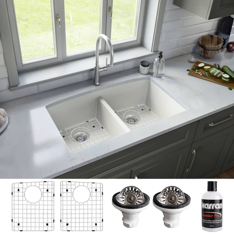 Karran Undermount Quartz 32 in. 50/50 Double Bowl Kitchen Sink Kit