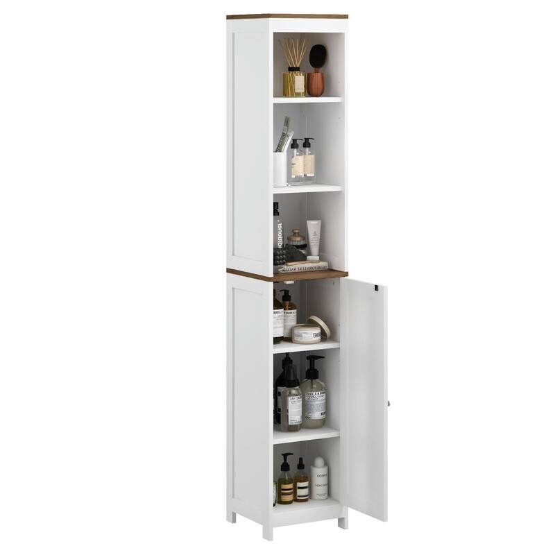 Tall Bathroom Storage Cabinet with Reversible Door, Freestanding Narrow Linen Tower with Open Shelves and Enclosed Cabinet