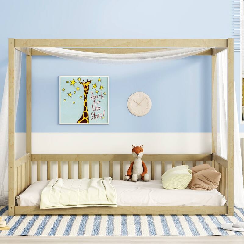 Pine Wood Canopy Frame Floor Bed with Fence and Guardrails for Bedroom