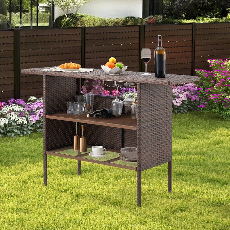 AVAWING Patio PE Wicker Bar Table Rattan Bar Counter Table