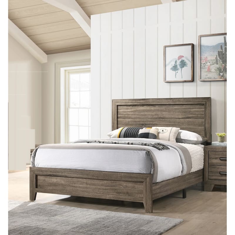 King Size Wood Panel Bed with Contemporary Fabric Headboard - Grey