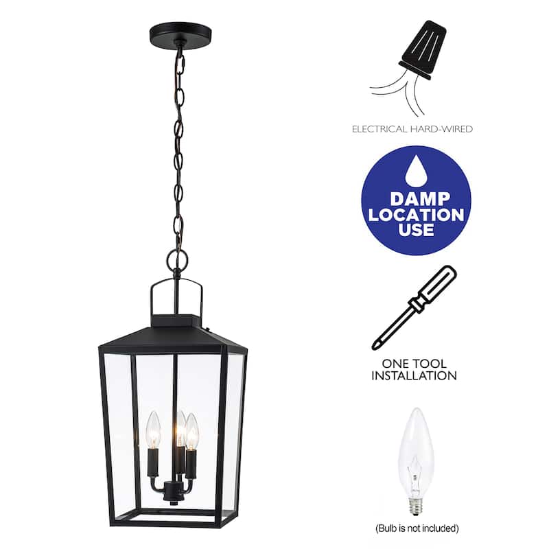 3-Light Black Outdoor Pendant Light with Clear Glass