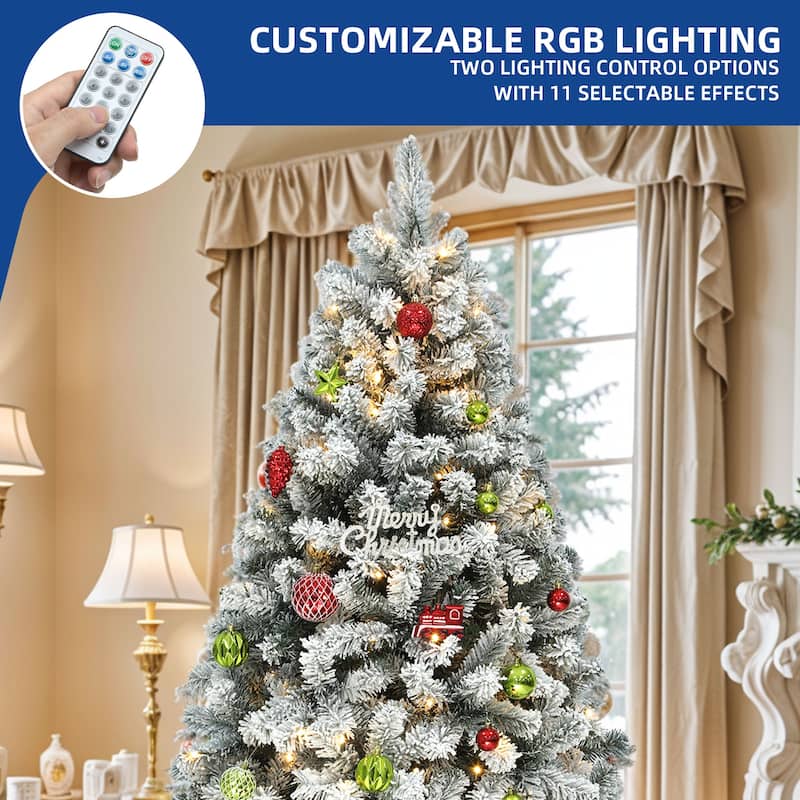6 /7.5 /9 ft Prelit Snow Flocked Christmas Tree with Remote, 11 Light Modes & Foldable Base