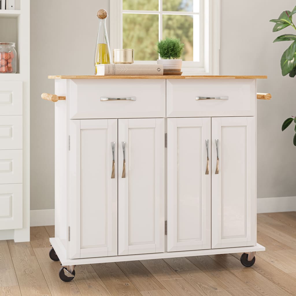 BELLEZE White Wood Kitchen Cart Rolling & Island Storage w/ Handle