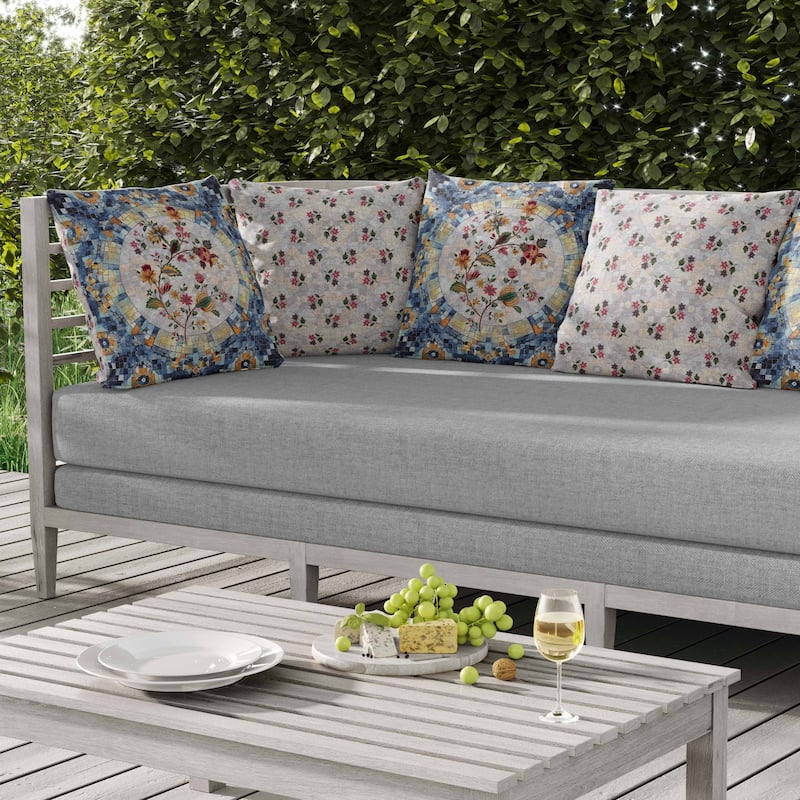 Botanical Mosaic Indoor/Outdoor Reversible Throw Pillow Blue and Orange