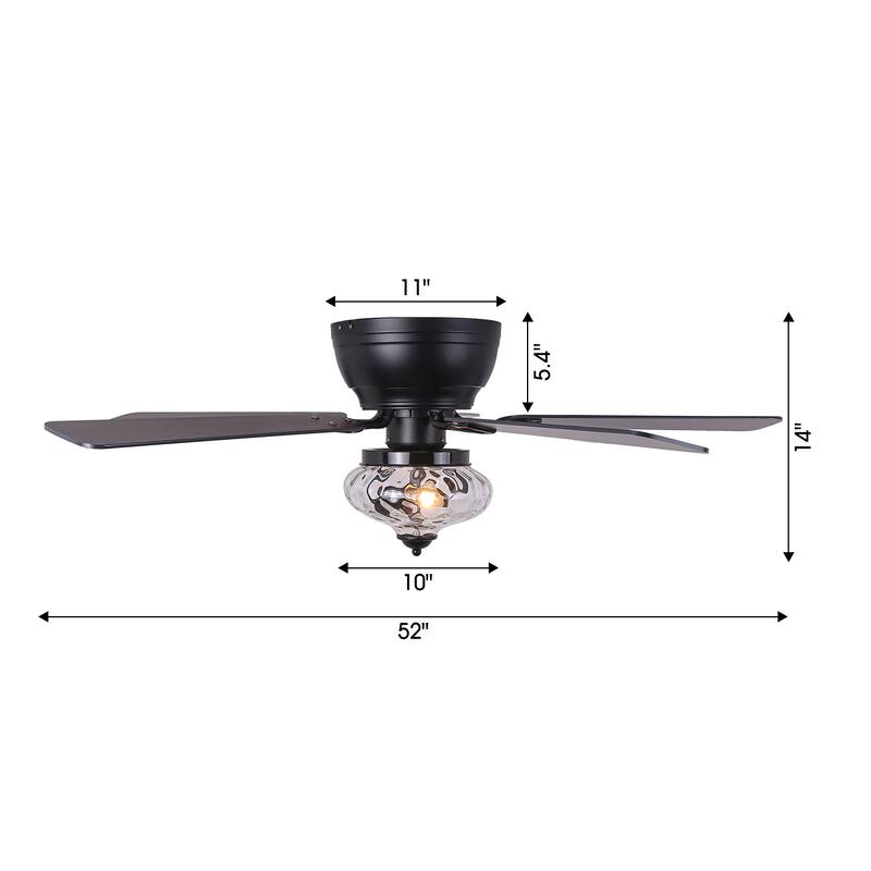 52" Classic Matte Black Flush Mount Ceiling Fan with Light and Remote - 52 in. D x 52 in. W x 14 in. H