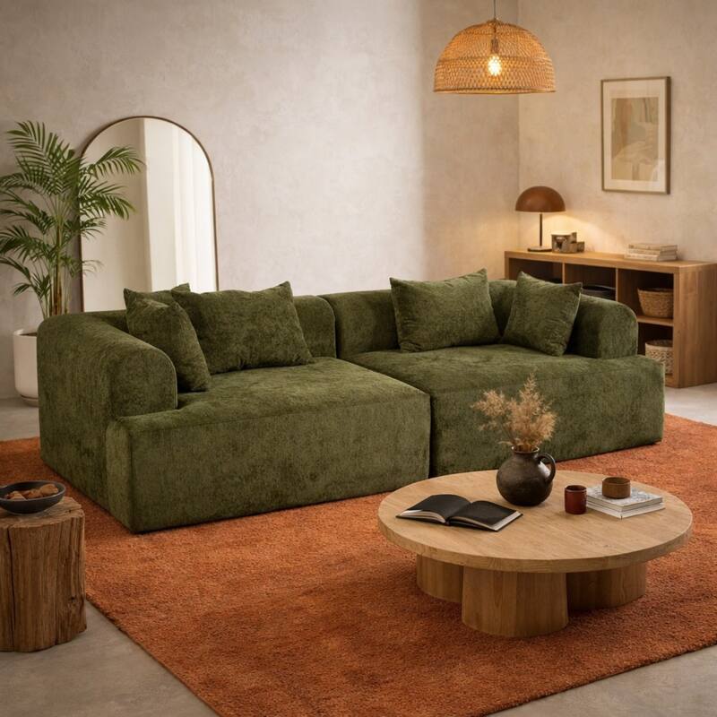 96" Boucle Fabric Sectional Sofa with Four Pillows, No Assembly Required