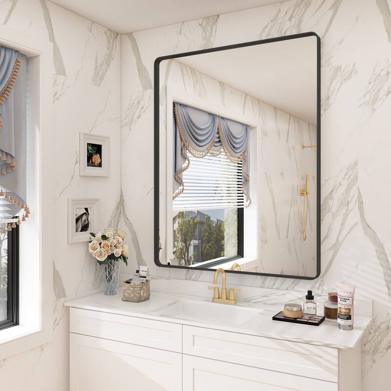 Modern Metal Frame Wall Mounted Bathroom Vanity Mirror - 36x28 - Black