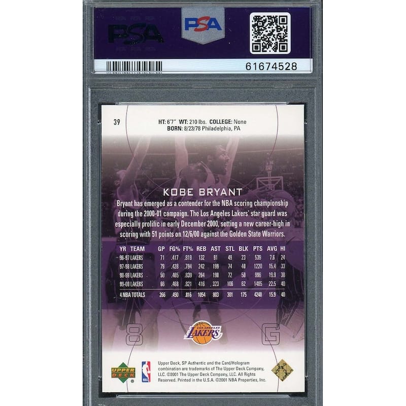 Kobe Bryant 2000 Upper Deck SP Authentic Basketball Card #39 Graded PSA 10 - 8'6" x 11'6"