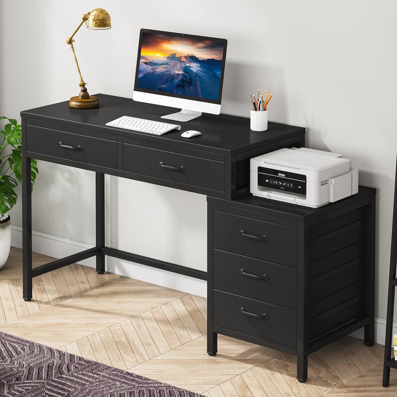 Modern Computer Desk with 5 Drawers, Home Office Desks with Reversible Drawer Cabinet Printer Stand - Black