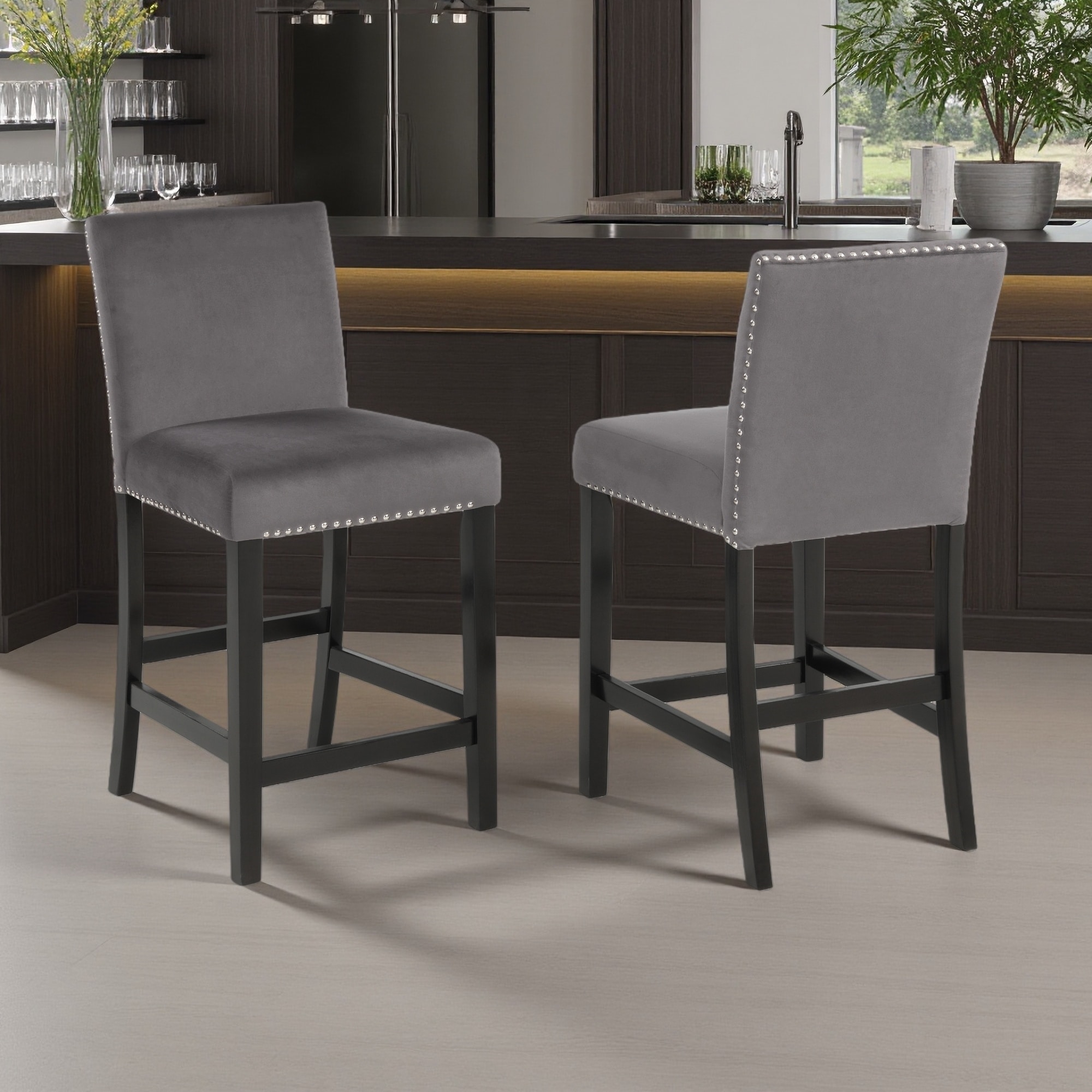 Velvet Upholstered Counter Stools Set of 2 with Nailhead Trim and Solid Rubberwood Legs