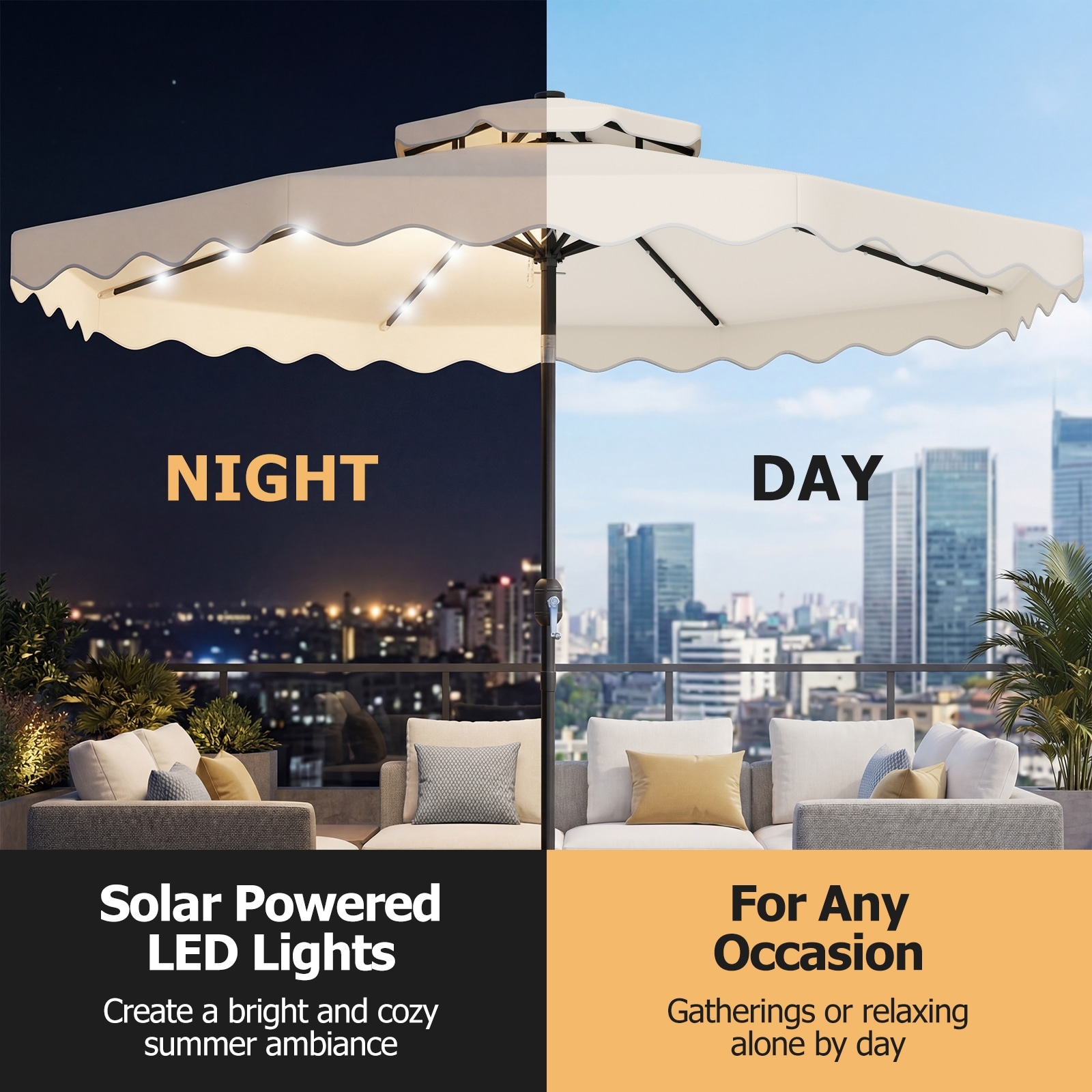 9 ft solar lighted patio umbrella Garvee 9FT LED with 32 Lights, Tilt & Crank Outdoor Market Umbrella, UV & Water Resistant, 8 Ribs Sunshade for Garden, Deck, Pool You can happily enjoy an afternoon tea under 9 ft Sonkuki 9 ft. Solar Lighted