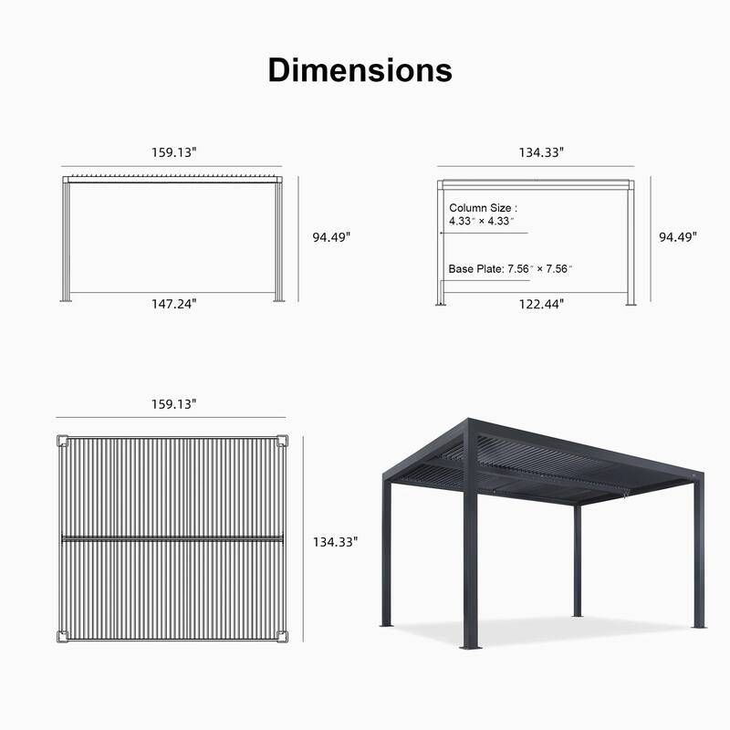 PURPLE LEAF Gray Louvered Pergola Outdoor Aluminum Pergola with Adjustable Roof for Patio Grey Hardtop Gazebo