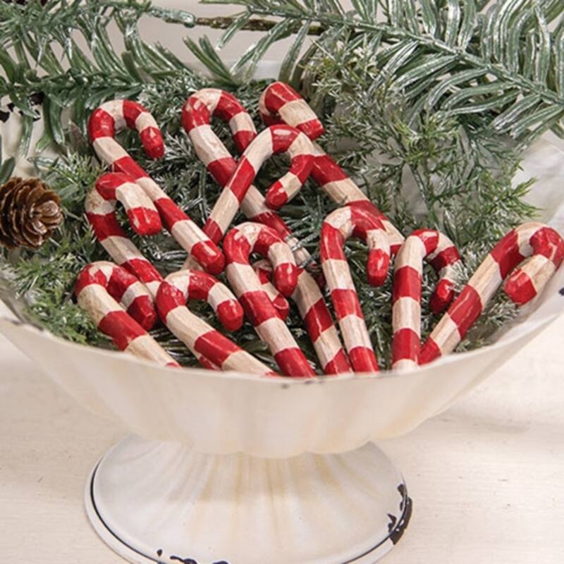 Set of 12 Mini Carved Resin Candy Canes Red and White Holiday Ornaments Vintage Finish - 0.25”L x 0.25”W x 3”W