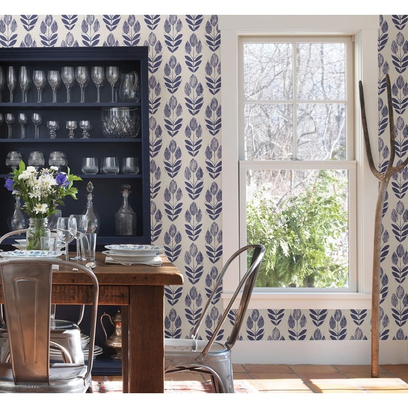 Beacon House Scandinavian Blue Block Print Tulip Wallpaper - 20.5in x 396in x 0.025in