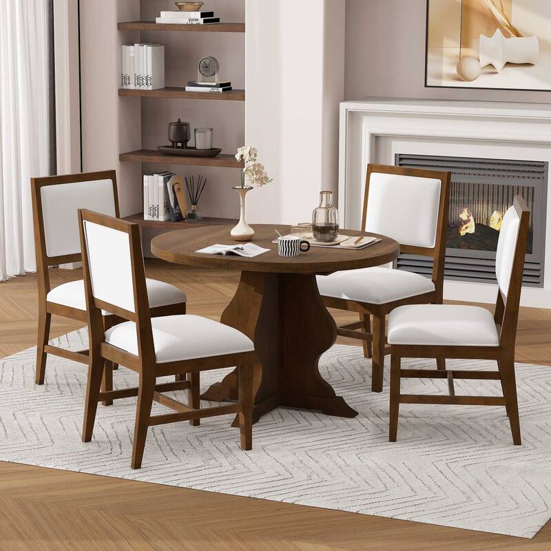 5-Piece Dining Table Set Extension from 42.5 to 58.2-Inches with 4 Upholstered Chairs, Wood Kitchen Dining Table & Chair Set