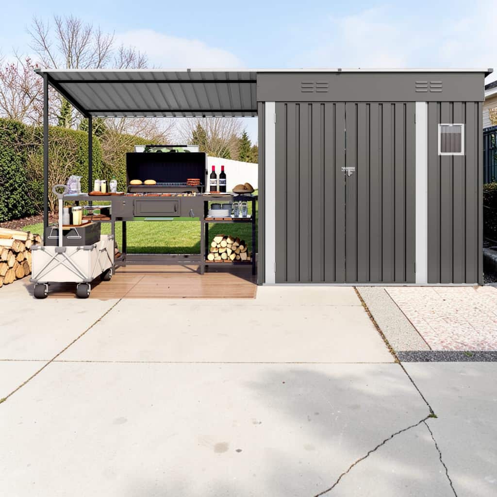 12x4 FT Metal Lean To Shed with Pergola, 2 in 1 Outdoor Storage Shed with Lockable Door, Patio Backyard