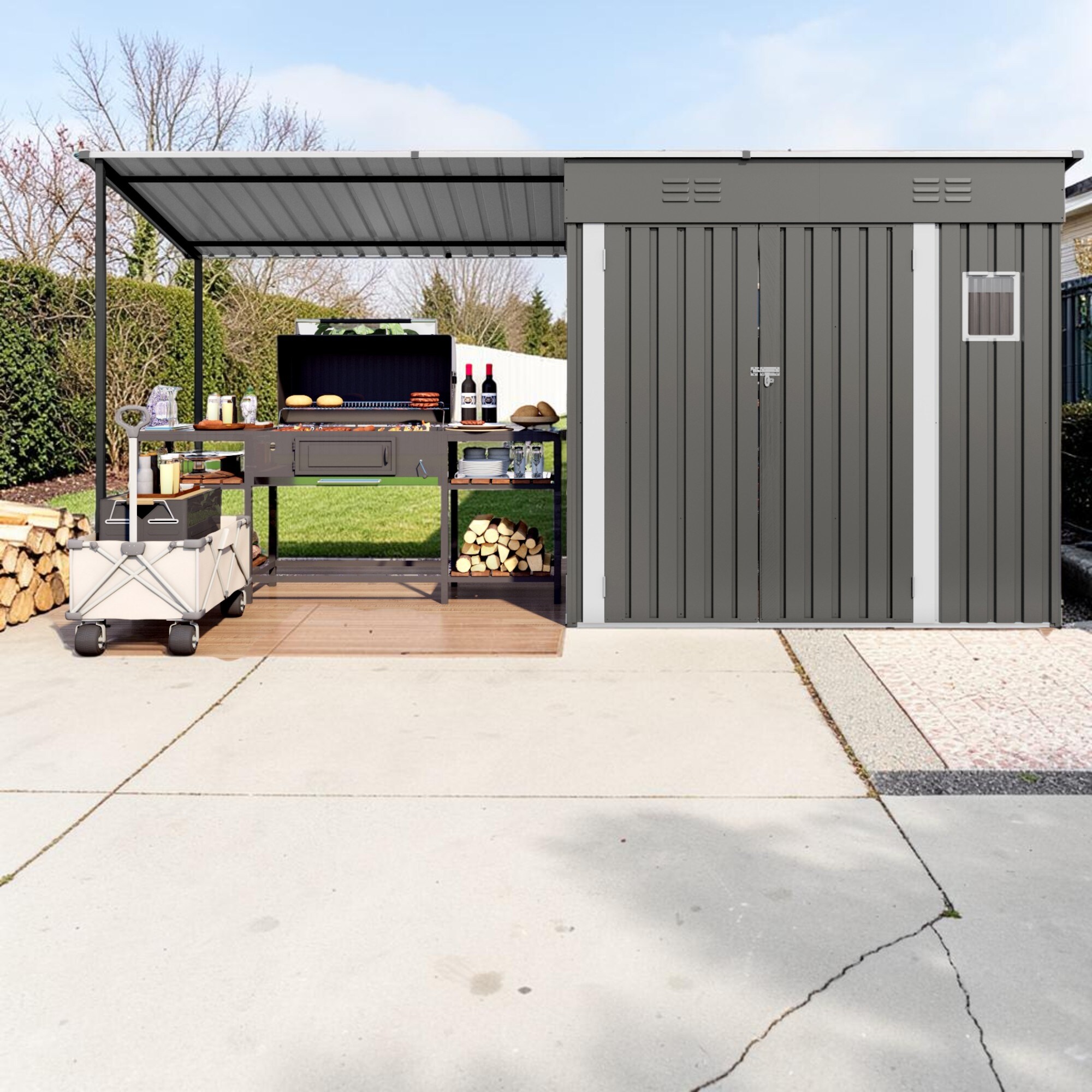 12x4 FT Metal Lean To Shed with Pergola, 2 in 1 Outdoor Storage